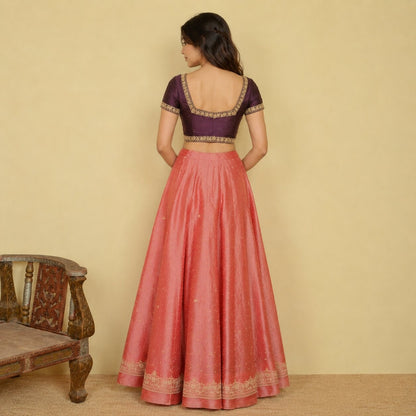 Sanskriti New Peach Tissue Silk Unstitch Lehenga Indian Hand Embroidered Zardozi