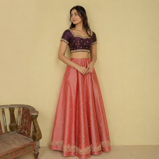 Sanskriti New Peach Tissue Silk Unstitch Lehenga Indian Hand Embroidered Zardozi