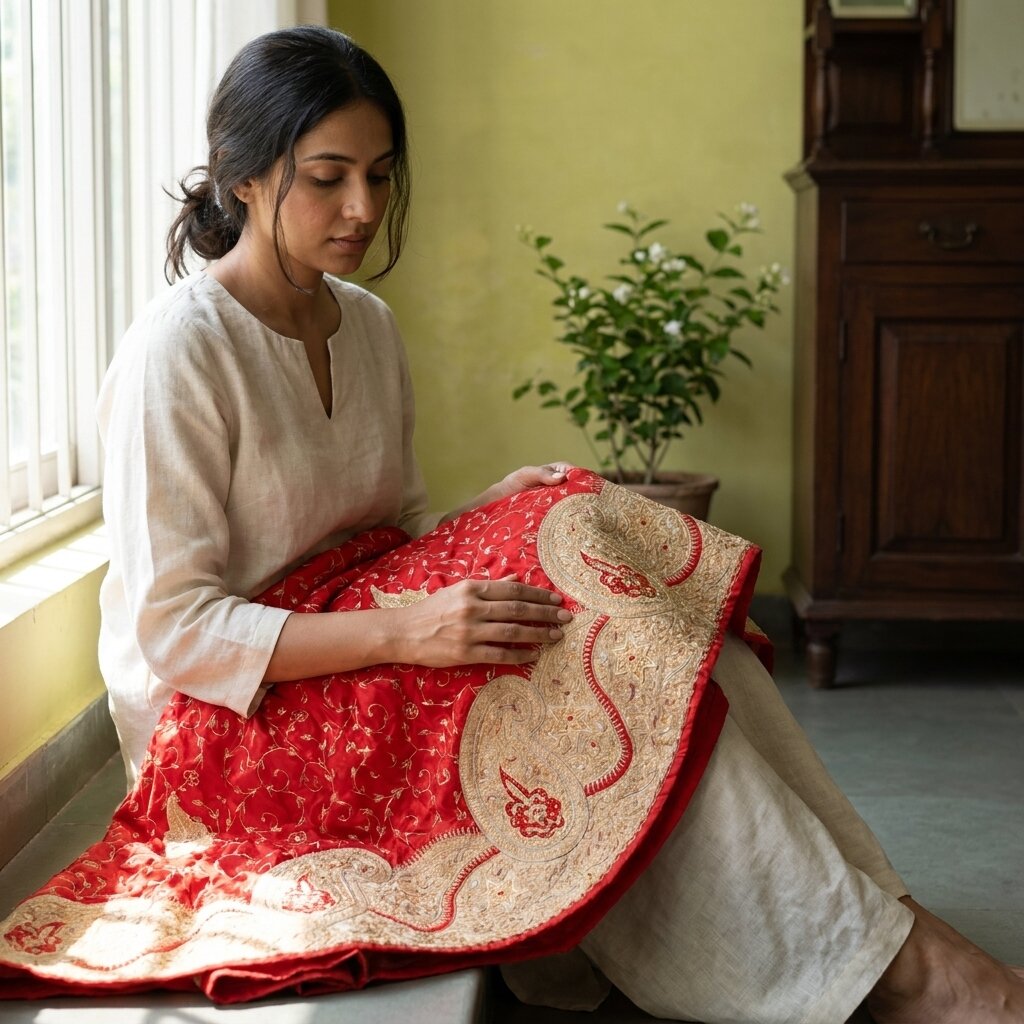 Sanskriti New Red Pure Silk Unstitched Lehenga Hand Embroidered Zardozi-Patch