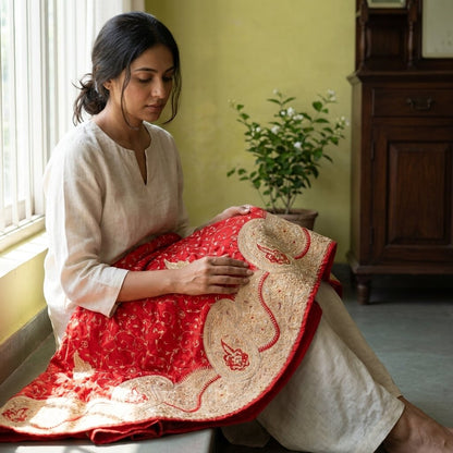 Sanskriti New Red Pure Silk Unstitched Lehenga Hand Embroidered Zardozi-Patch