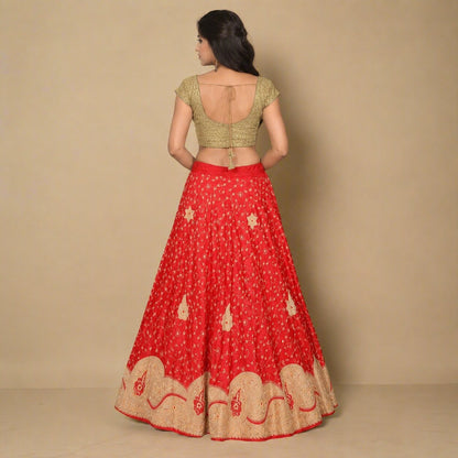 Sanskriti New Red Pure Silk Unstitched Lehenga Hand Embroidered Zardozi-Patch