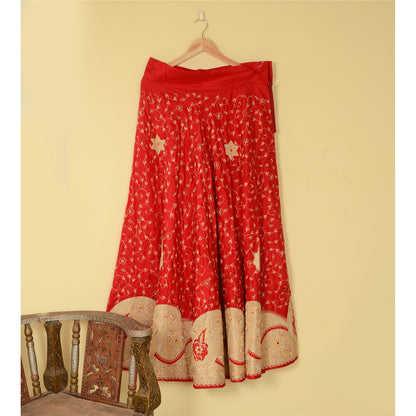 Sanskriti New Red Pure Silk Unstitched Lehenga Hand Embroidered Zardozi-Patch