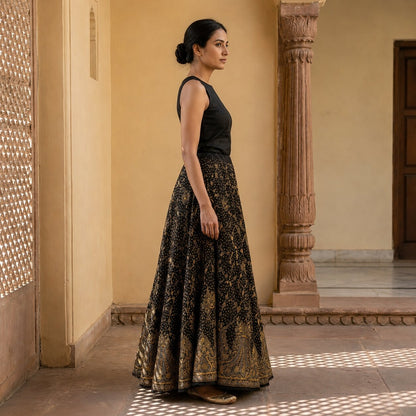 Sanskriti New Black Pure Silk Unstitched Lehenga Hand Embroidered Zardozi Beaded