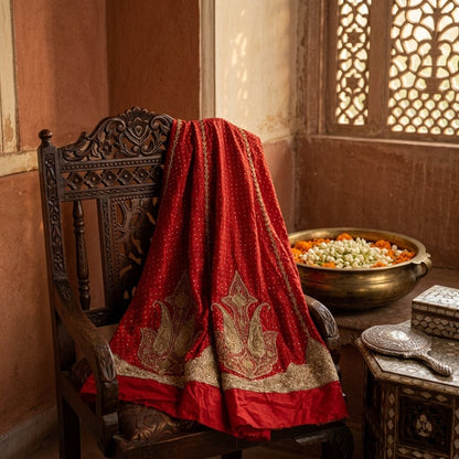 Sanskriti New Red Pure Silk Unstitched Lehenga Hand Embroidered Zardozi Wedding