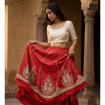Sanskriti New Red Pure Silk Unstitched Lehenga Hand Embroidered Zardozi Wedding