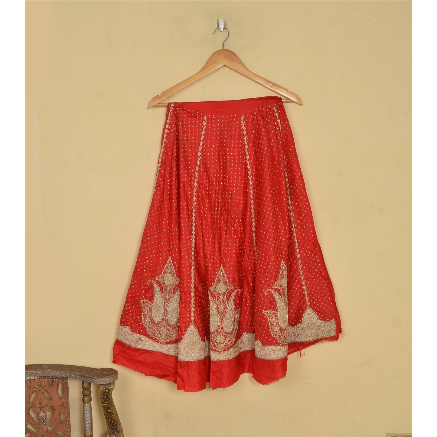 Sanskriti New Red Pure Silk Unstitched Lehenga Hand Embroidered Zardozi Wedding