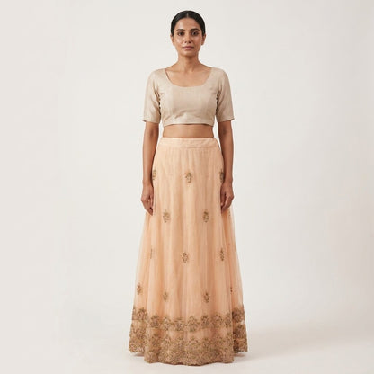 Sanskriti Vintage Beige Net Stitched Premium Lehenga For Women Hand Beaded Zari