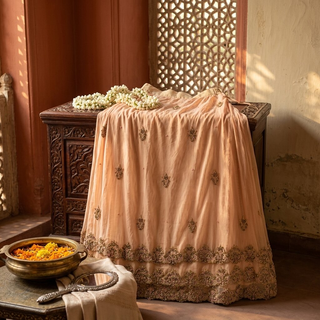 Sanskriti Vintage Beige Net Stitched Premium Lehenga For Women Hand Beaded Zari