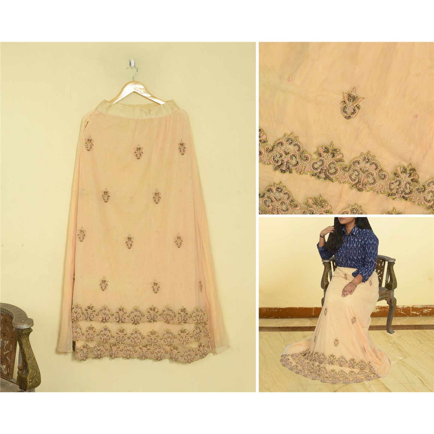 Sanskriti Vintage Beige Net Stitched Premium Lehenga For Women Hand Beaded Zari