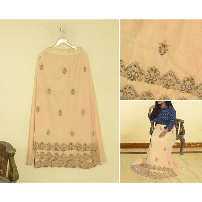 Sanskriti Vintage Beige Net Stitched Premium Lehenga For Women Hand Beaded Zari