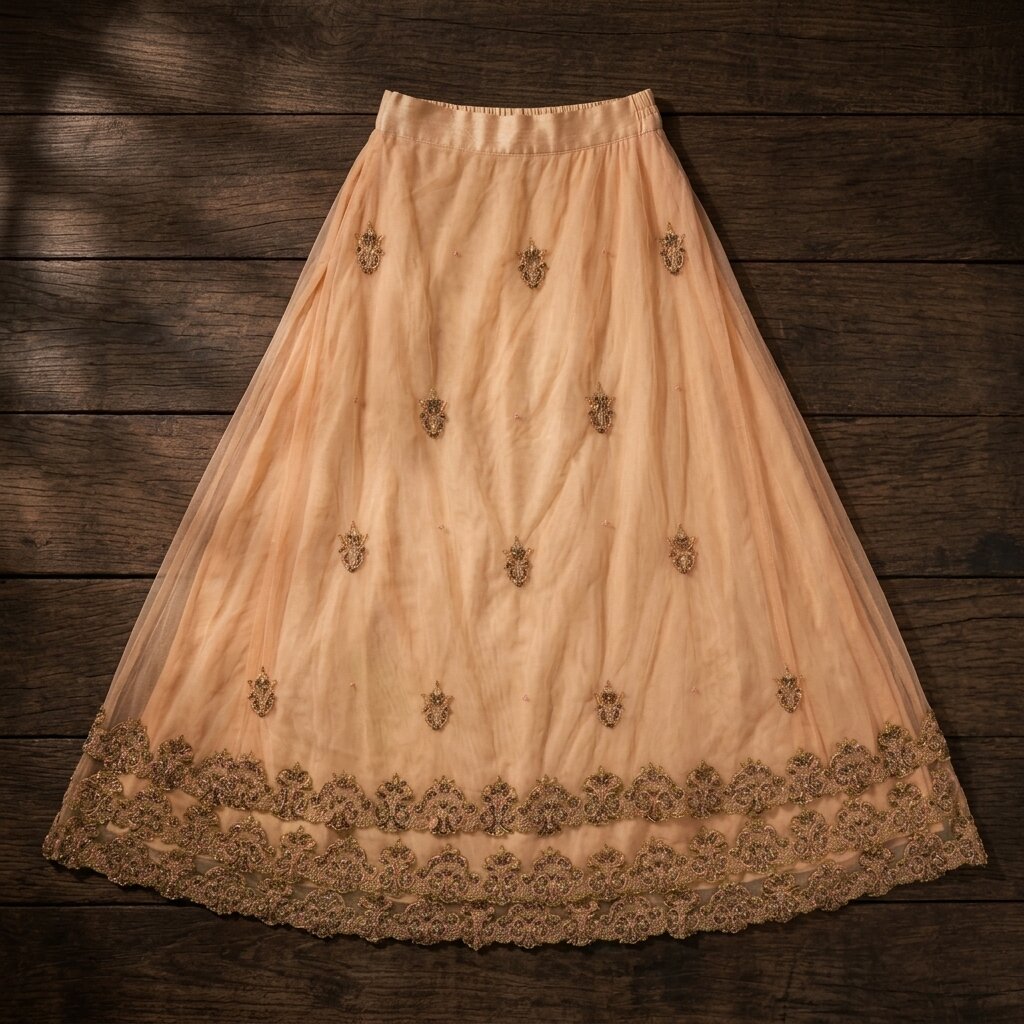 Sanskriti Vintage Beige Net Stitched Premium Lehenga For Women Hand Beaded Zari
