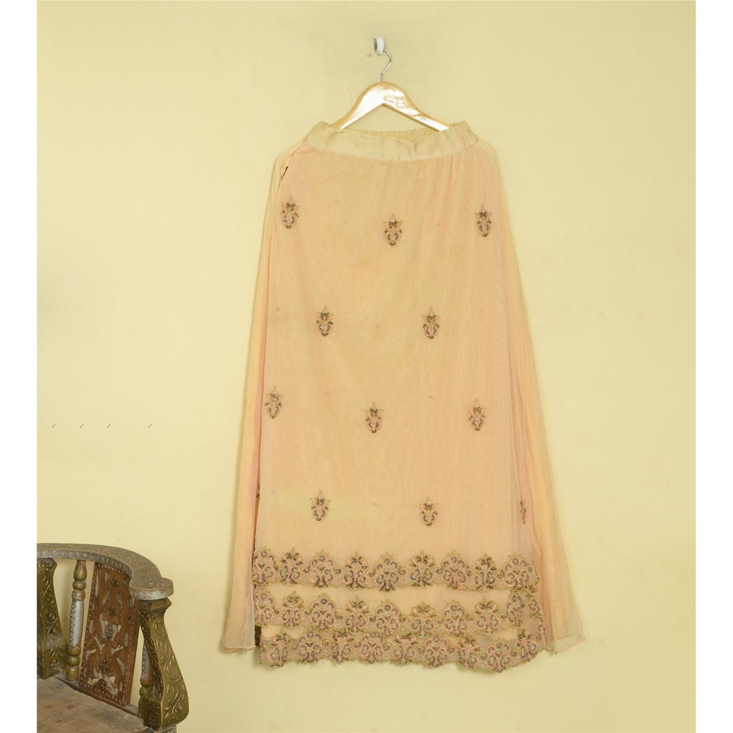 Sanskriti Vintage Beige Net Stitched Premium Lehenga For Women Hand Beaded Zari