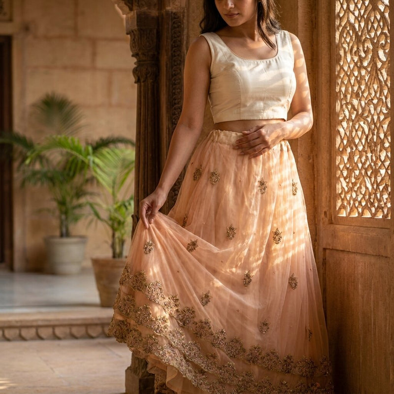 Sanskriti Vintage Beige Net Stitched Premium Lehenga For Women Hand Beaded Zari