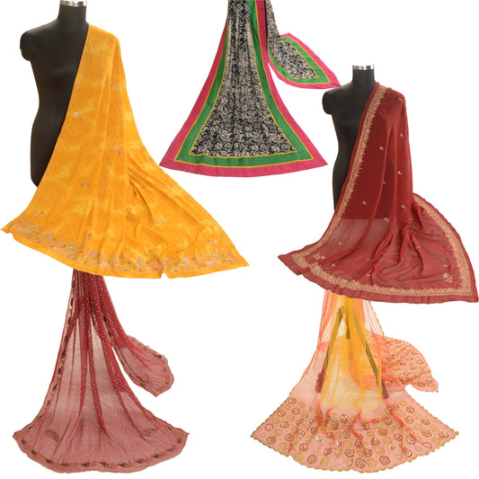 Sanskriti Vintage Lot of 5 Hand Beaded Dupatta Stoles | Assorted Zari Veils | Embroidered Silk Scarf Wraps for Women