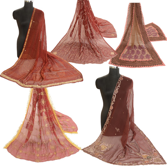 Sanskriti Vintage Lot of 5 Hand Beaded Dupatta Assorted Long Stole Zari Veil