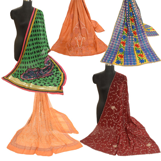 Sanskriti Vintage Lot of 5 Hand Beaded Dupatta Assorted Long Stole Zari Veil