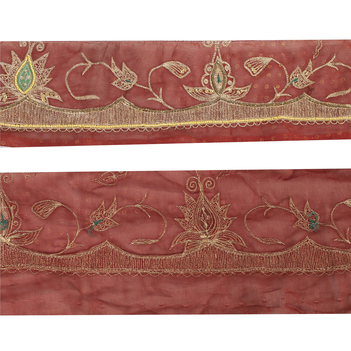 Sanskriti Vintage Hand Embroidered Georgette Sari Border 1 Yard 4.5"W Red Lace