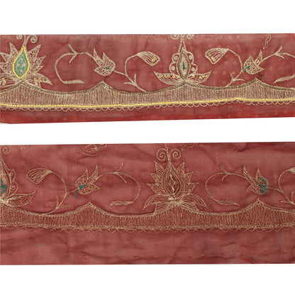 Sanskriti Vintage Hand Embroidered Georgette Sari Border 1 Yard 4.5"W Red Lace