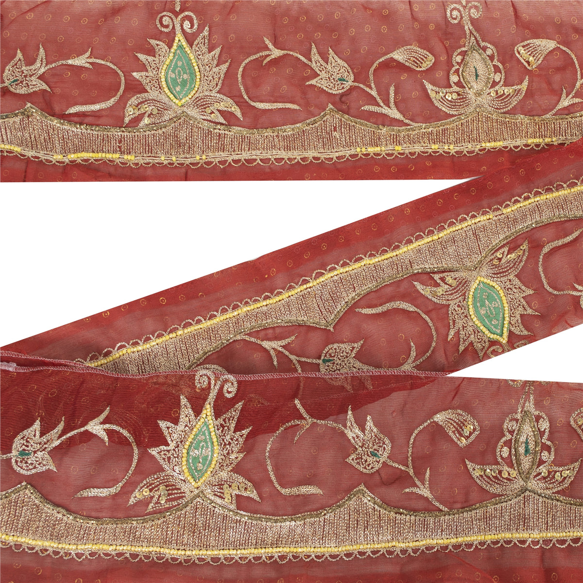 Sanskriti Vintage Hand Embroidered Georgette Sari Border 1 Yard 4.5"W Red Lace