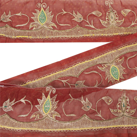 Sanskriti Vintage Hand Embroidered Georgette Sari Border 1 Yard 4.5"W Red Lace