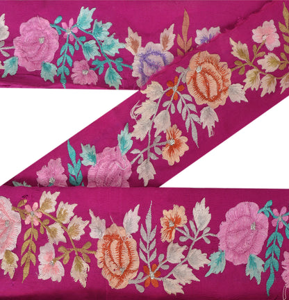 Sanskriti Vintage Embroidered Crepe Silk Sari Border 1 Yard 2.5"W Purple Trim