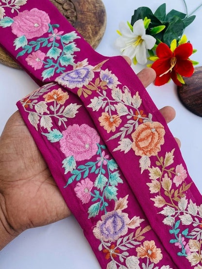 Sanskriti Vintage Embroidered Crepe Silk Sari Border 1 Yard 2.5"W Purple Trim