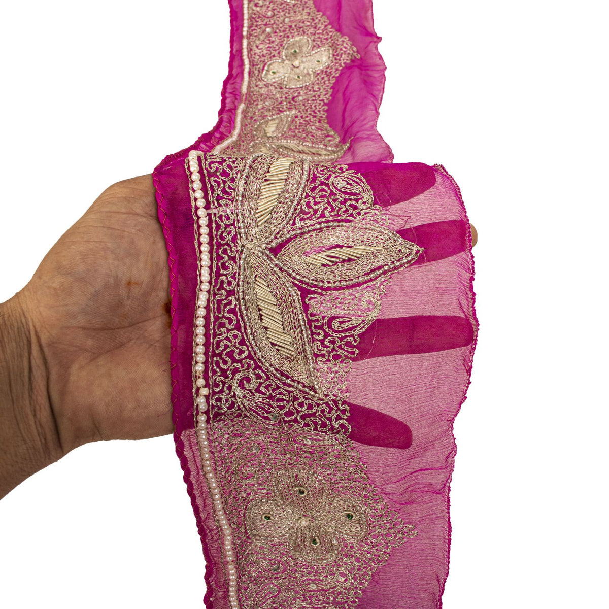 Sanskriti Vintage Hand Embroidered 1 Yard 4"W Sari Border Pure Chiffon Pink Lace