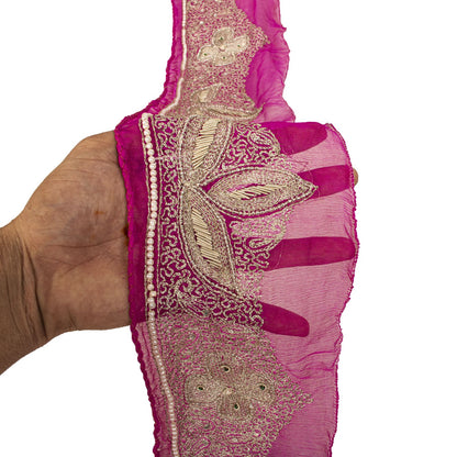 Sanskriti Vintage Hand Embroidered 1 Yard 4"W Sari Border Pure Chiffon Pink Lace