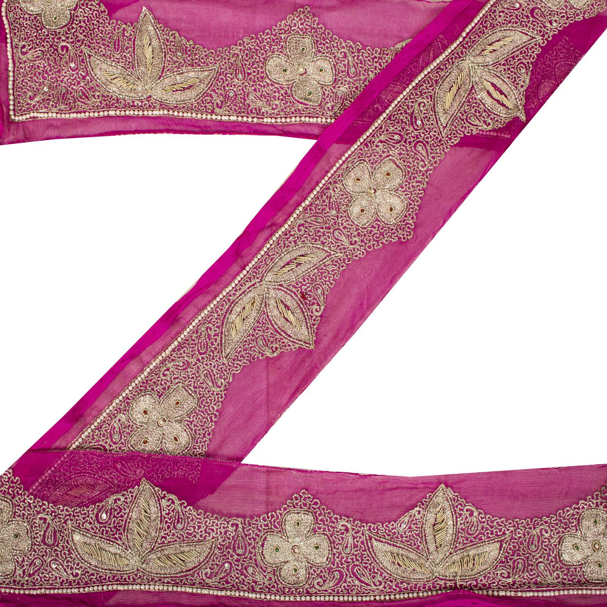Sanskriti Vintage Hand Embroidered 1 Yard 4"W Sari Border Pure Chiffon Pink Lace