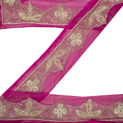 Sanskriti Vintage Hand Embroidered 1 Yard 4"W Sari Border Pure Chiffon Pink Lace