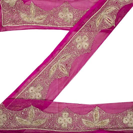 Sanskriti Vintage Hand Embroidered 1 Yard 4"W Sari Border Pure Chiffon Pink Lace