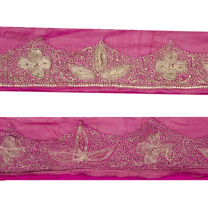 Sanskriti Vintage Hand Embroidered 1 Yard 4"W Sari Border Pure Chiffon Pink Lace