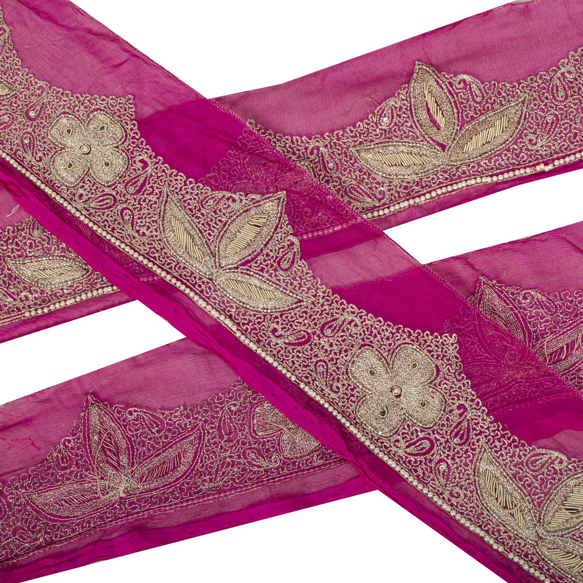 Sanskriti Vintage Hand Embroidered 1 Yard 4"W Sari Border Pure Chiffon Pink Lace