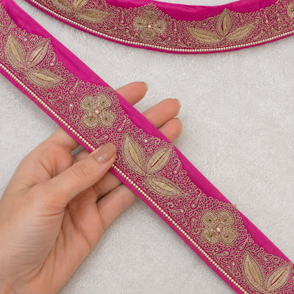 Sanskriti Vintage Hand Embroidered 1 Yard 4"W Sari Border Pure Chiffon Pink Lace
