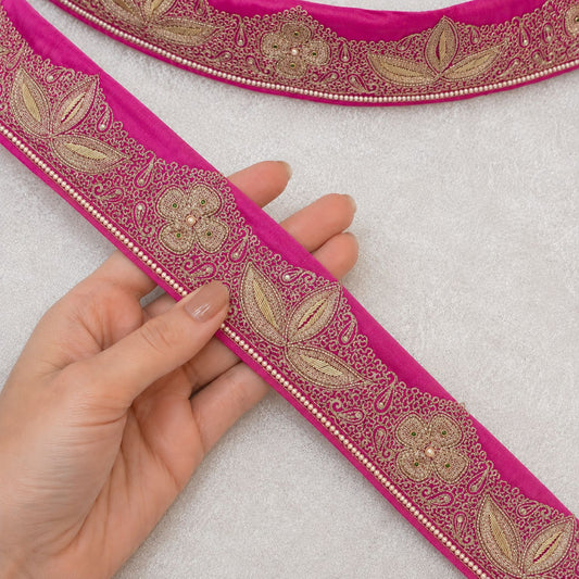 Sanskriti Vintage Hand Embroidered 1 Yard 4"W Sari Border Pure Chiffon Pink Lace