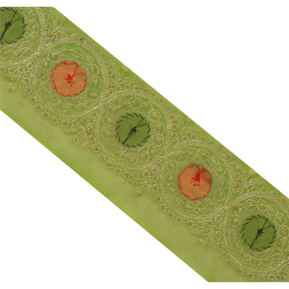Sanskriti Vintage Hand Beaded Georgette Sari Border 1 Yd 2.5"W Green Craft Lace