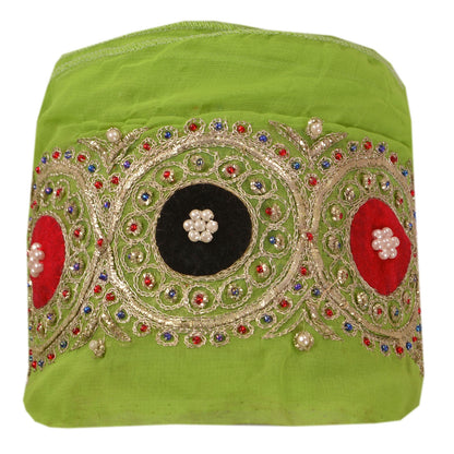 Sanskriti Vintage Hand Beaded Georgette Sari Border 1 Yd 2.5"W Green Craft Lace