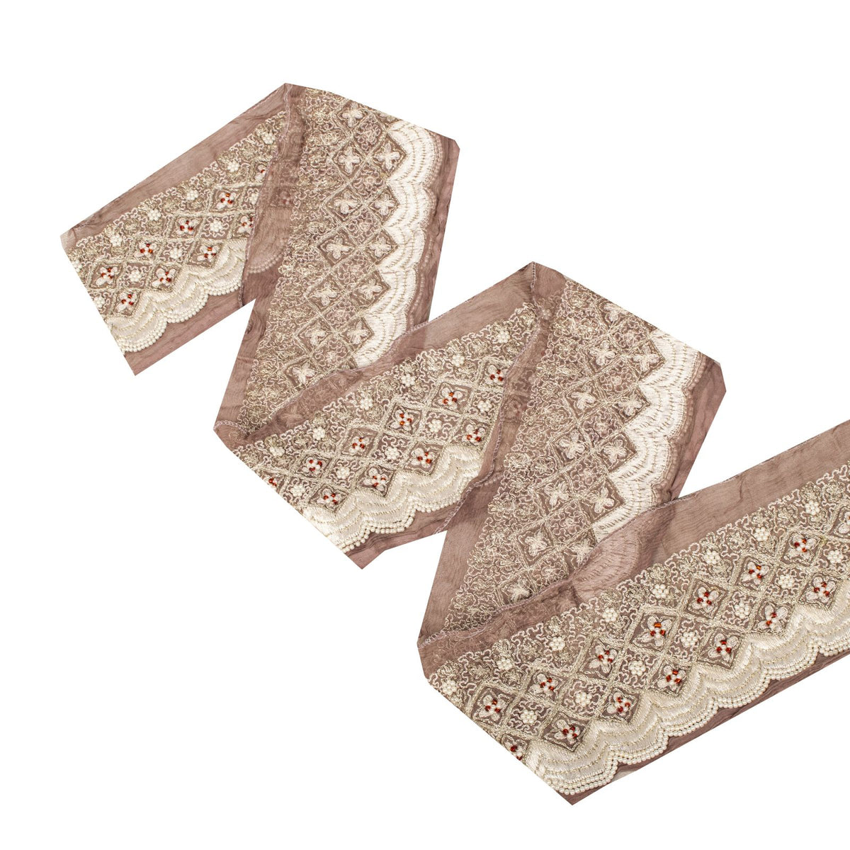 Sanskriti Vintage Hand Embroidered 1 Yard Sari Border Pure Chiffon Brown Lace