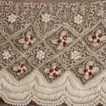 Sanskriti Vintage Hand Embroidered 1 Yard Sari Border Pure Chiffon Brown Lace