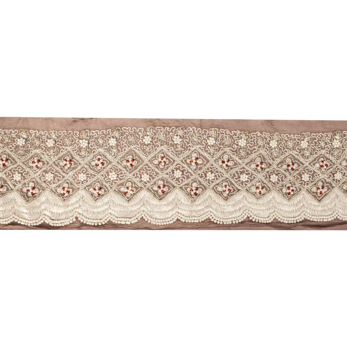 Sanskriti Vintage Hand Embroidered 1 Yard Sari Border Pure Chiffon Brown Lace