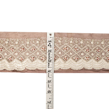 Sanskriti Vintage Hand Embroidered 1 Yard Sari Border Pure Chiffon Brown Lace