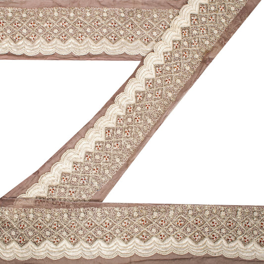 Sanskriti Vintage Hand Embroidered 1 Yard Sari Border Pure Chiffon Brown Lace
