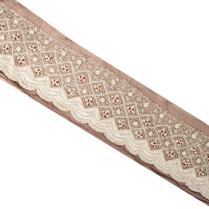 Sanskriti Vintage Hand Embroidered 1 Yard Sari Border Pure Chiffon Brown Lace
