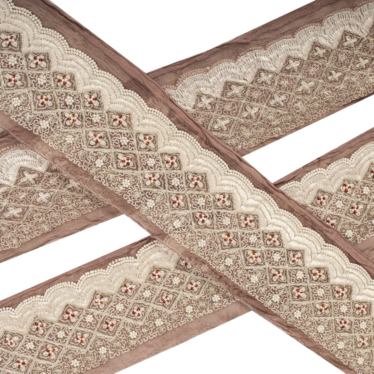 Sanskriti Vintage Hand Embroidered 1 Yard Sari Border Pure Chiffon Brown Lace