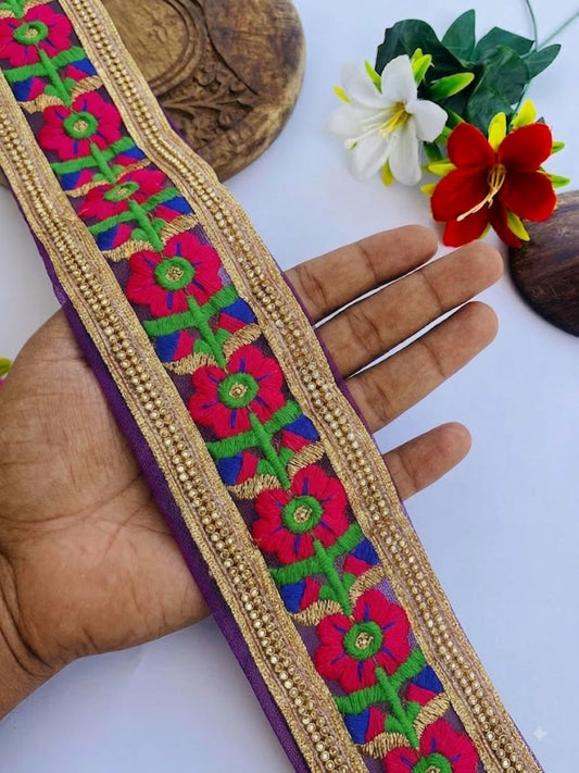 Sanskriti Vintage Embroidered Net Sari Border 1 Yard 2.5"W Multicolor Craft Trim