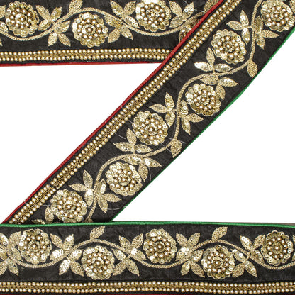 Sanskriti Vintage Hand Embroidered Pure Silk Sari Border 1 Yard 3"W Black Lace