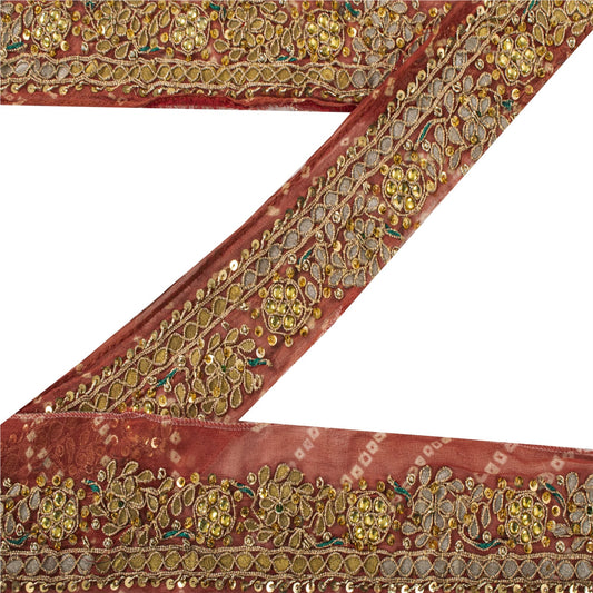 Sanskriti Vintage Hand Embroidered Gota 1 Yard Sari Border Pink Georgette Lace