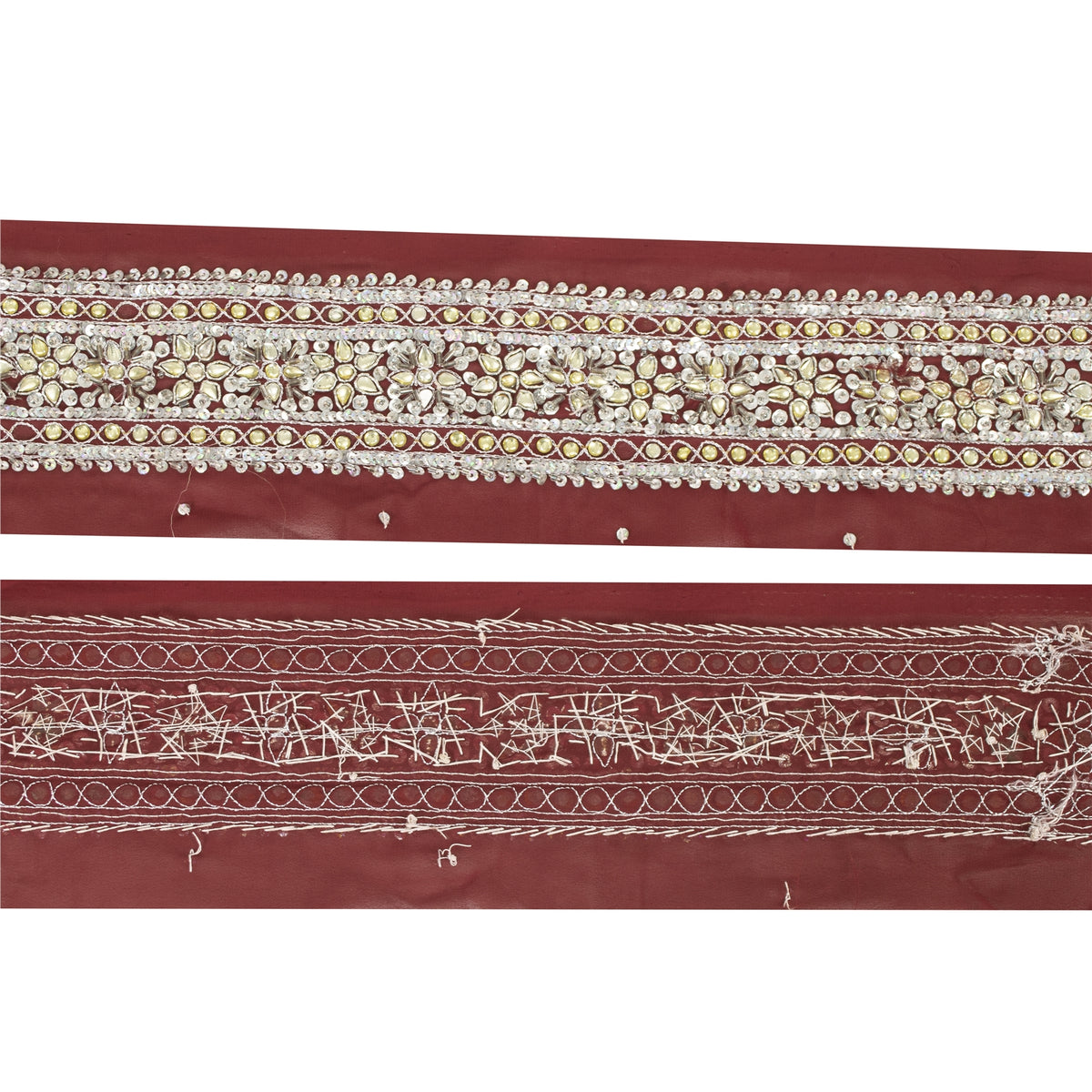 Sanskriti Vintage Embroidered 1 Yard Sari Border Crepe Silk Dark Red Lace Trim