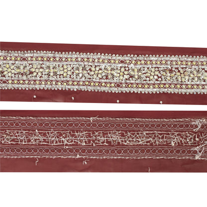 Sanskriti Vintage Embroidered 1 Yard Sari Border Crepe Silk Dark Red Lace Trim