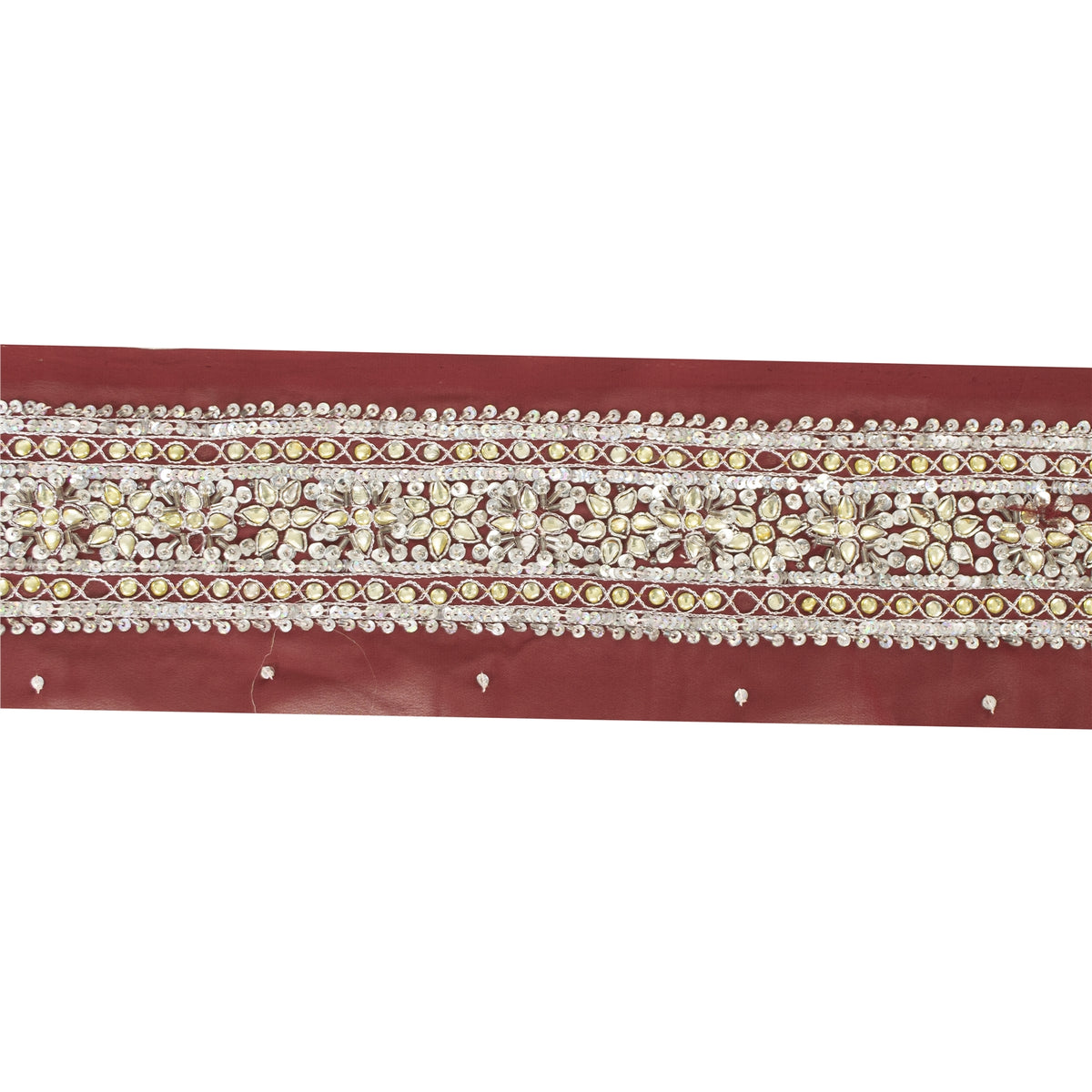 Sanskriti Vintage Embroidered 1 Yard Sari Border Crepe Silk Dark Red Lace Trim